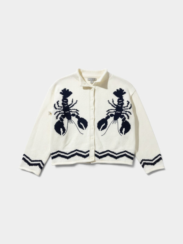 Ivory Navy Lobster Intarsia Knit Button Cardigan