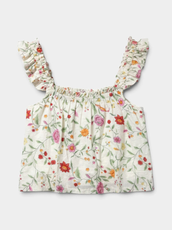 Off-White Floral Cotton Flutter Strap Blouse