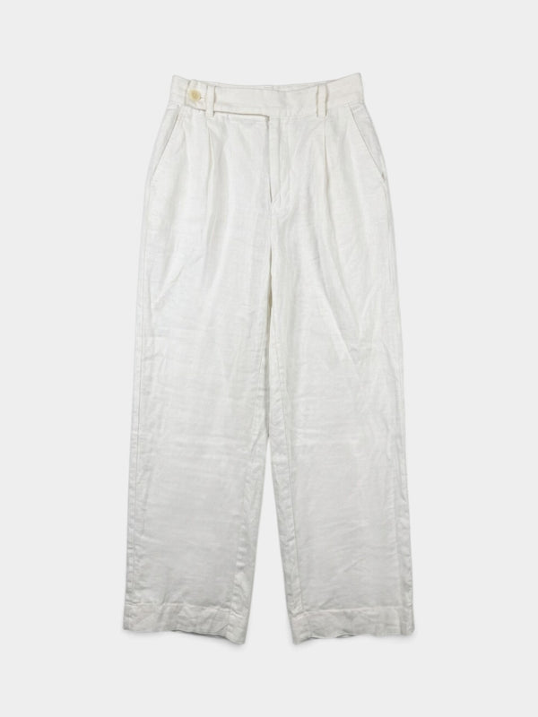 Ivory Linen Wide-Leg Pleated Trousers
