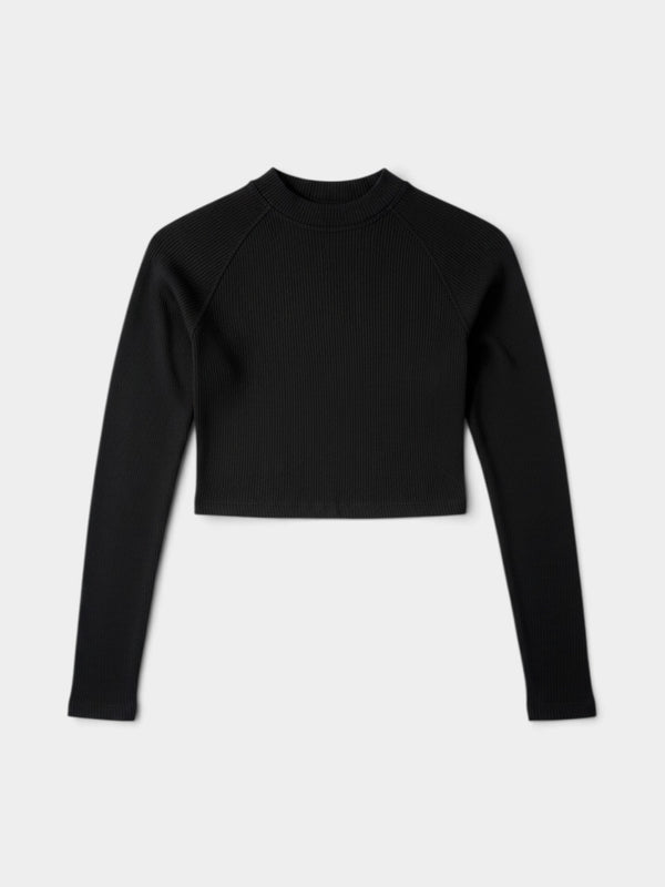 Black Ribbed Knit Cropped Mock Neck Long Sleeve Sweater