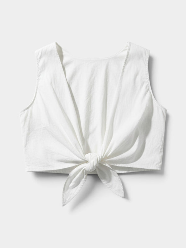 White Cotton Blend Sleeveless Tie-Front Crop Top