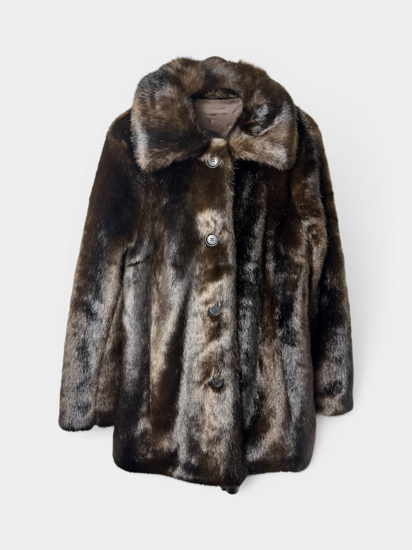 Vintage Dark Brown Faux Fur Coat with Shawl Collar