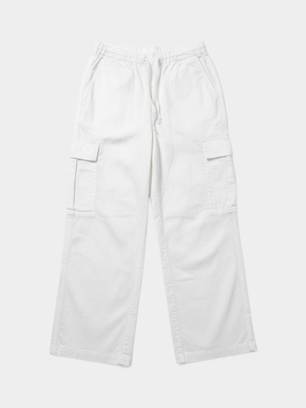 White Linen Blend Wide-Leg Cargo Pull-On Pants