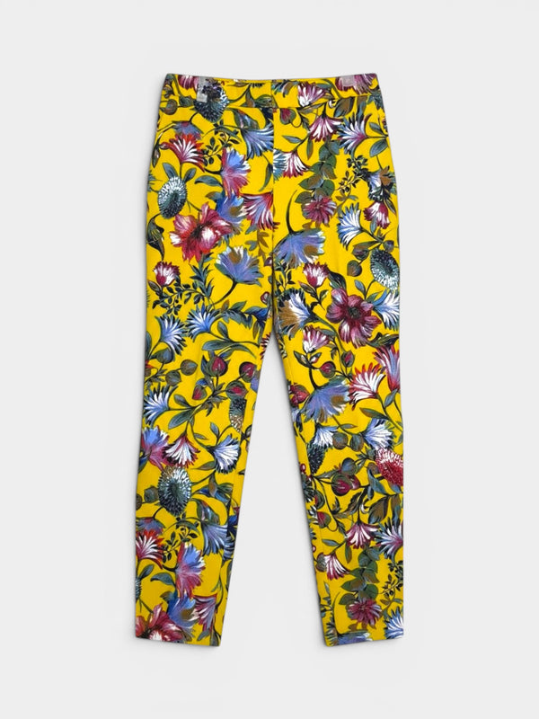 Yellow Floral Print Cropped Slim Trousers