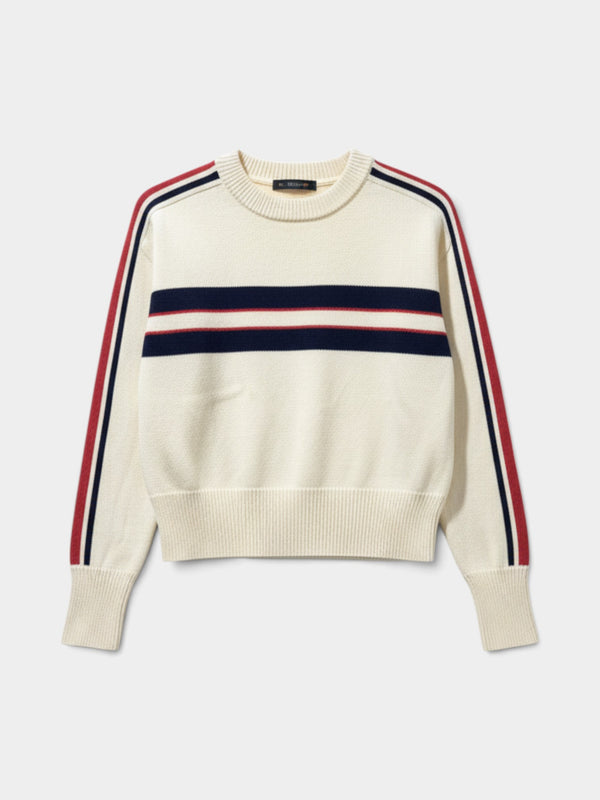 Ivory Striped Cotton Crewneck Knit Sweater