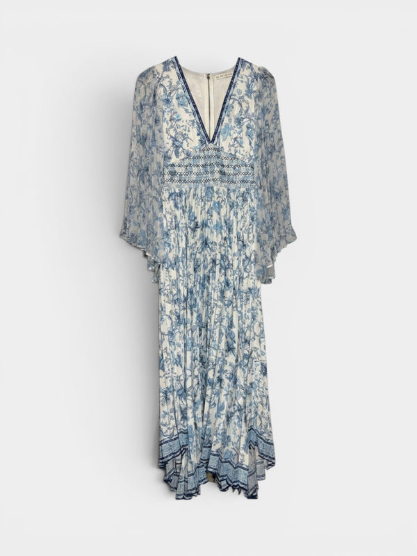 Ivory Blue Toile Floral Maxi Dress with Flutter Sleeves