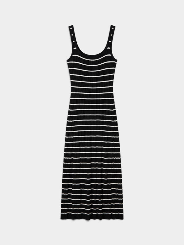 Black and White Striped Ribbed Knit Scoop Neck Maxi Dress