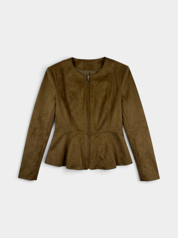 Camel Faux Suede Peplum Zip Jacket