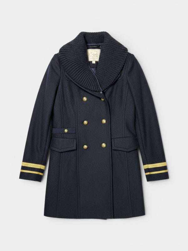 Navy Wool Blend Military Double-Breasted Coat with Knit Collar