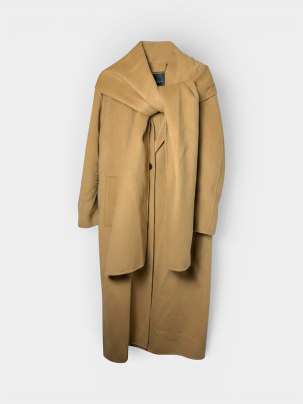 Camel Wool Longline Coat with Scarf Collar