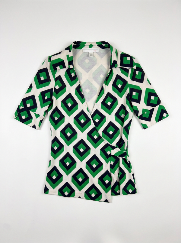 Green Silk Geometric Julianna Wrap Top