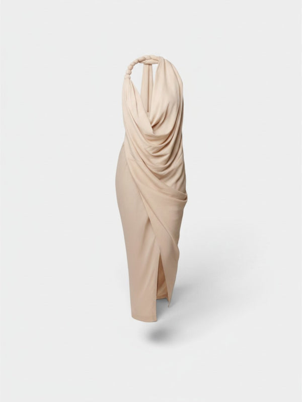 Ivory Draped Halter Maxi Dress with Bubble Neck Strap