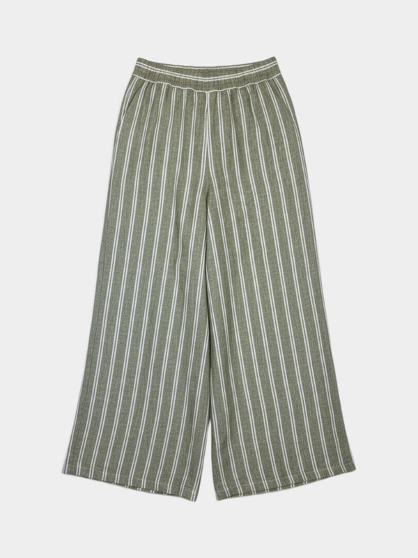Sage Green Striped Linen Wide-Leg Pull-On Pants