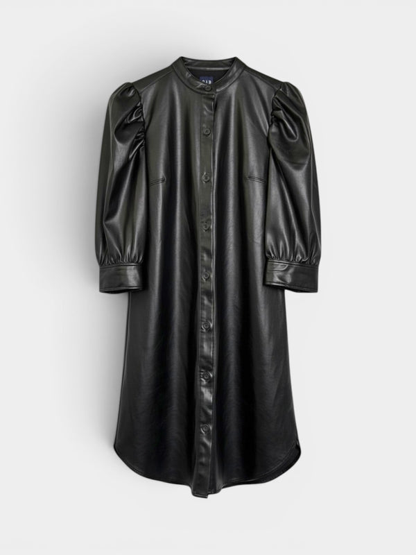 Black Faux Leather Puff Sleeve Midi Shirt Dress