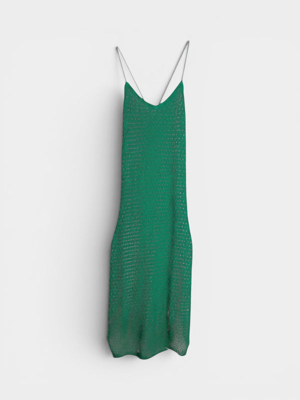 Emerald Green Open-Knit Midi Slip Dress with Tie Back