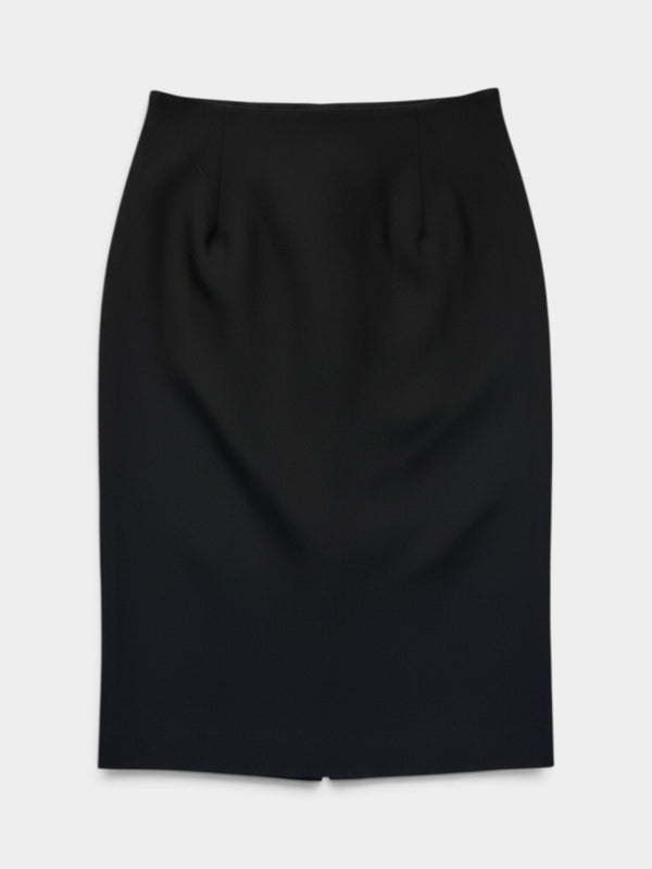 Black Wool Blend Fitted Pencil Skirt with Back Vent