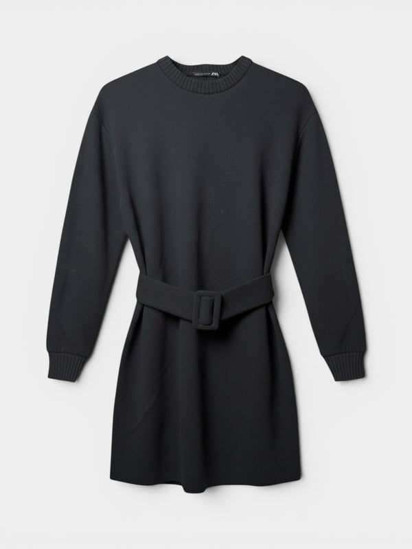 Black Knit Belted Long-Sleeve Mini Sweater Dress