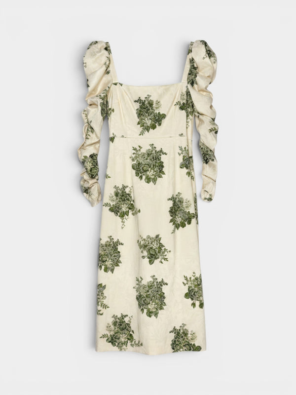 Ivory Green Floral Jacquard Puff Sleeve Midi Dress