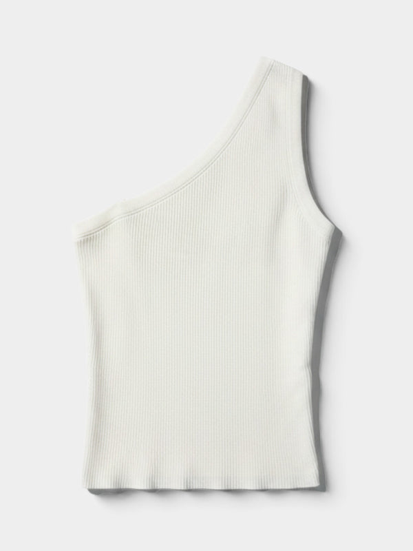 White Ribbed One-Shoulder Asymmetric Tank Top