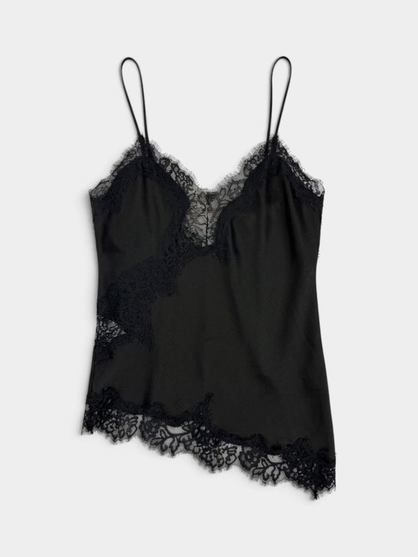 Black Satin Lace Trim Asymmetric Camisole Top