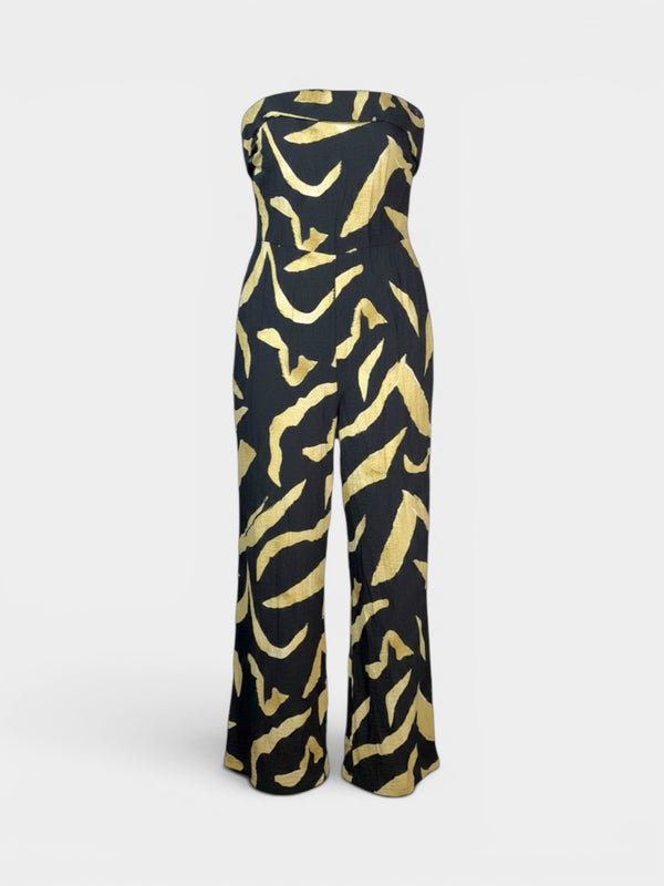 Black Abstract Print Strapless Wide-Leg Jumpsuit