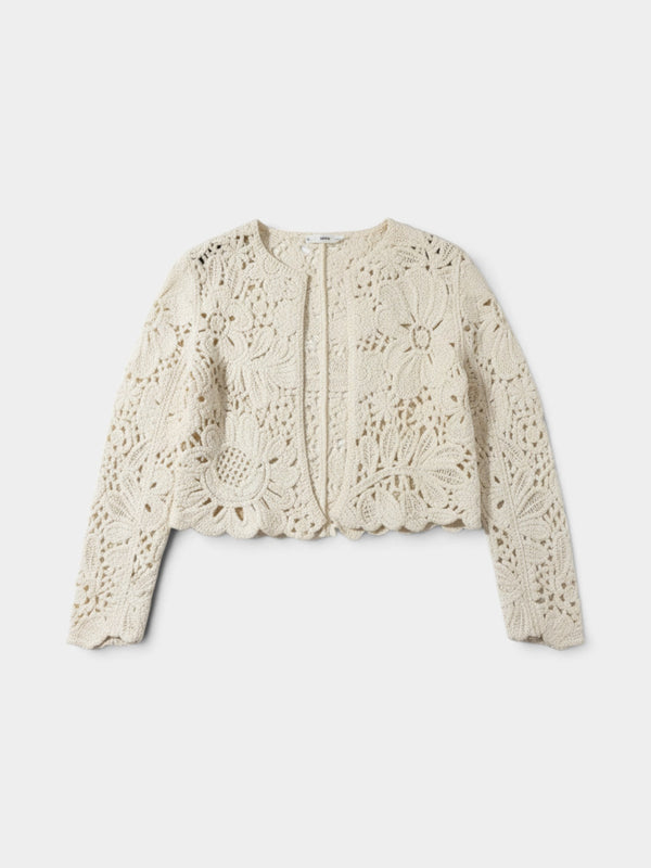 Ivory Floral Crochet Open-Front Cropped Cardigan