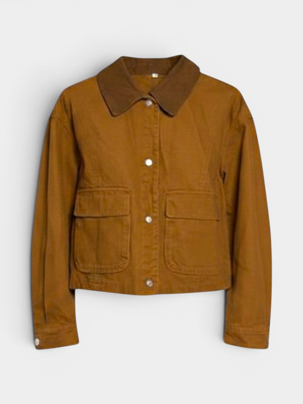 Tan Cotton Canvas Cropped Utility Jacket with Corduroy Collar