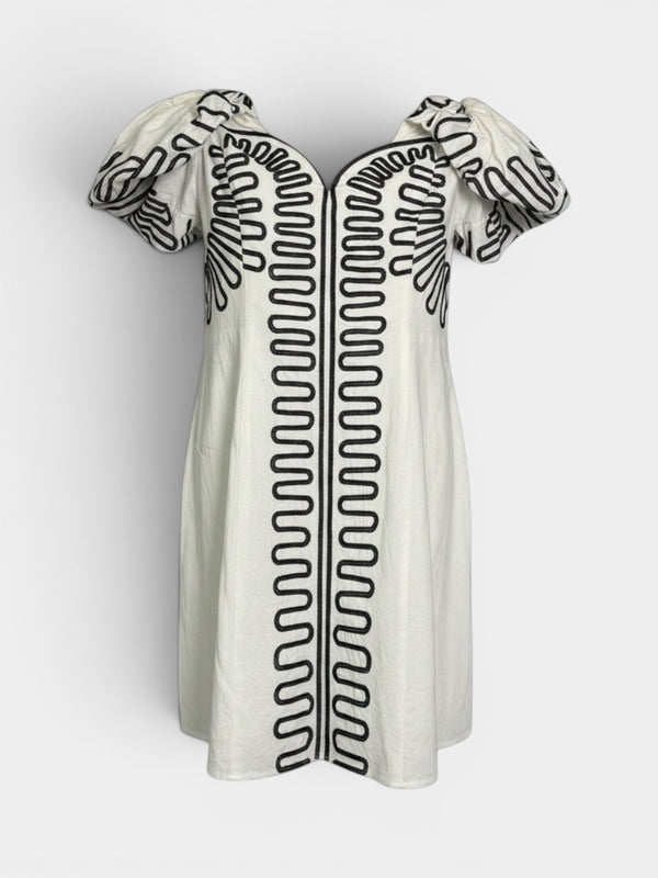 Ivory White Mini Dress with Embroidery and Puff Sleeves