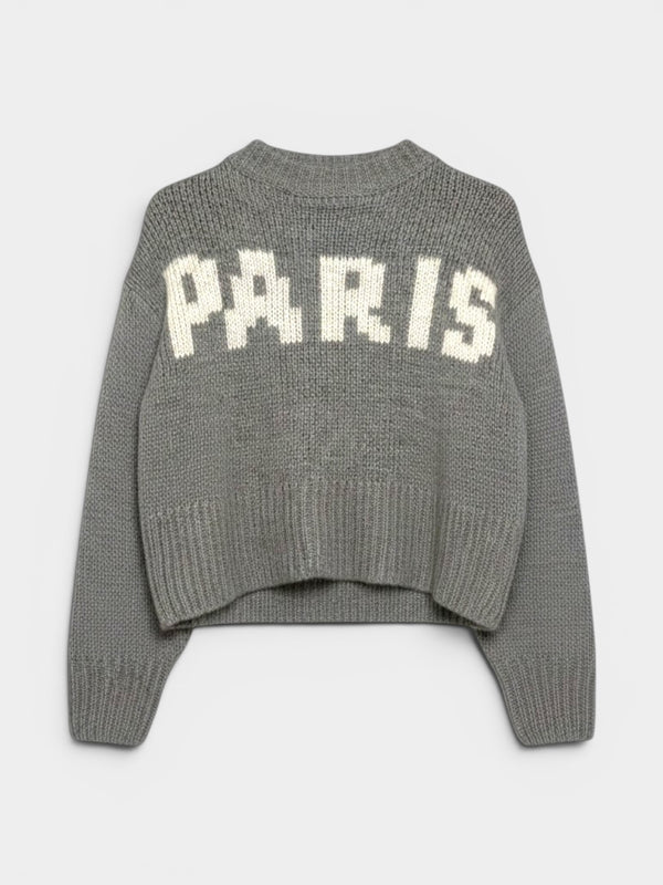 Gray Cropped 'Paris' Intarsia Knit Sweater