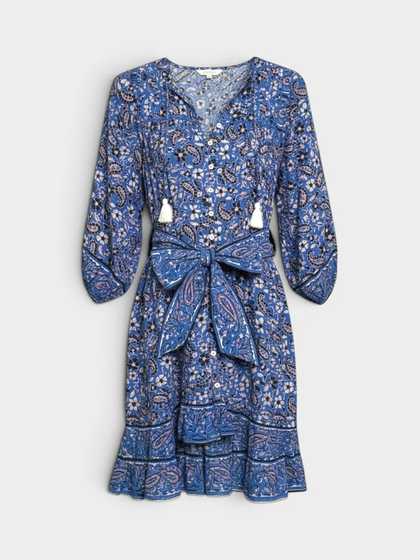 Blue Paisley Floral Print Dress with Tie Belt