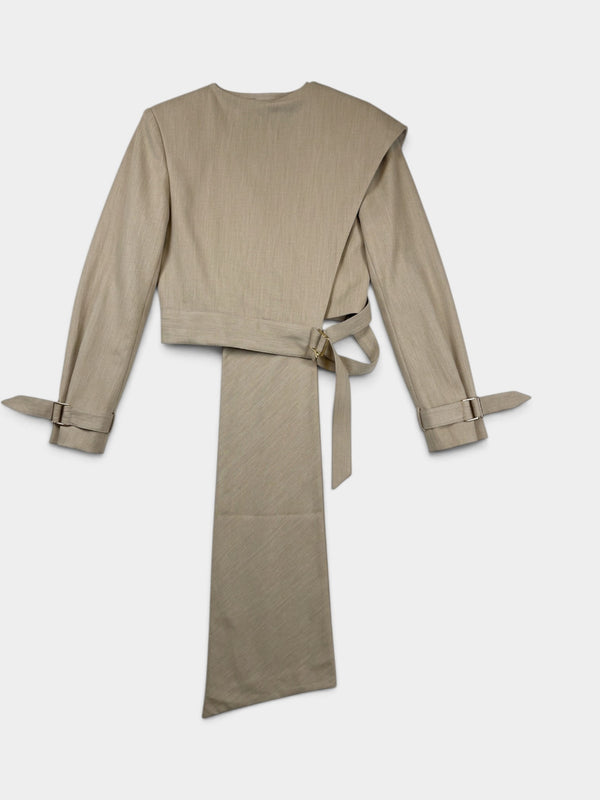 Beige Asymmetric Wrap Cropped Jacket with Belt