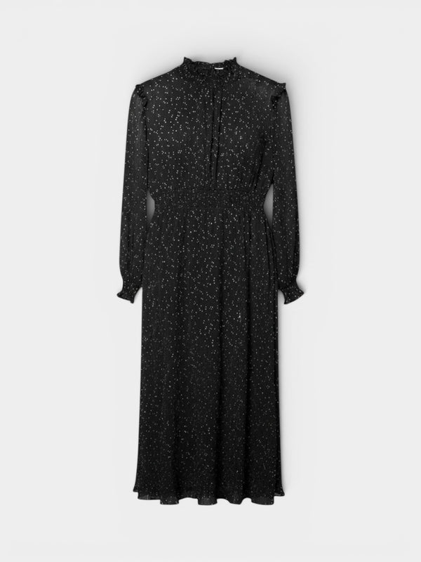 Black Dot Print Long-Sleeve Midi Dress with Ruffle High Neck