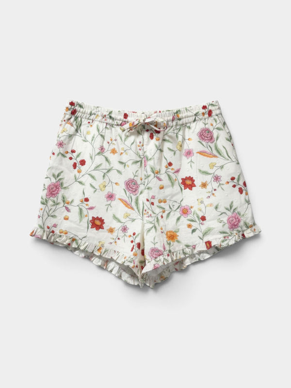 Ivory Floral Cotton Ruffle Hem Shorts