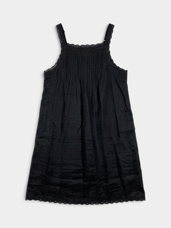 Black Ramie Eyelet Embroidery Pintuck Mini Dress