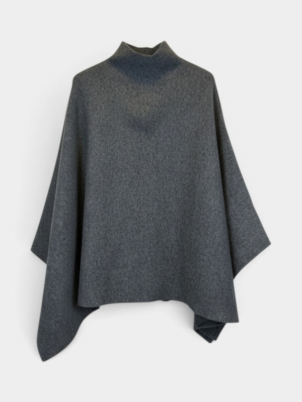 Gray Mock Neck Draped Knit Poncho Cape
