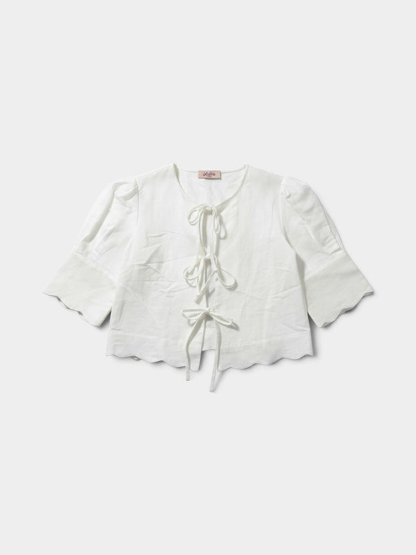 White Linen Scalloped Crop Tie-Front Blouse