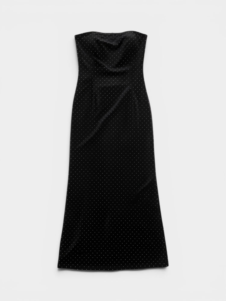 Black Crystal Embellished Velvet Strapless Maxi Dress