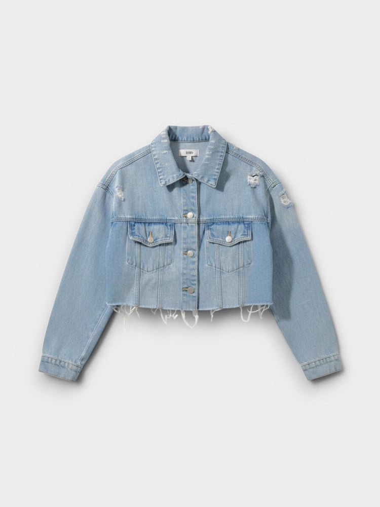 Light Wash Distressed Cropped Denim Jacket