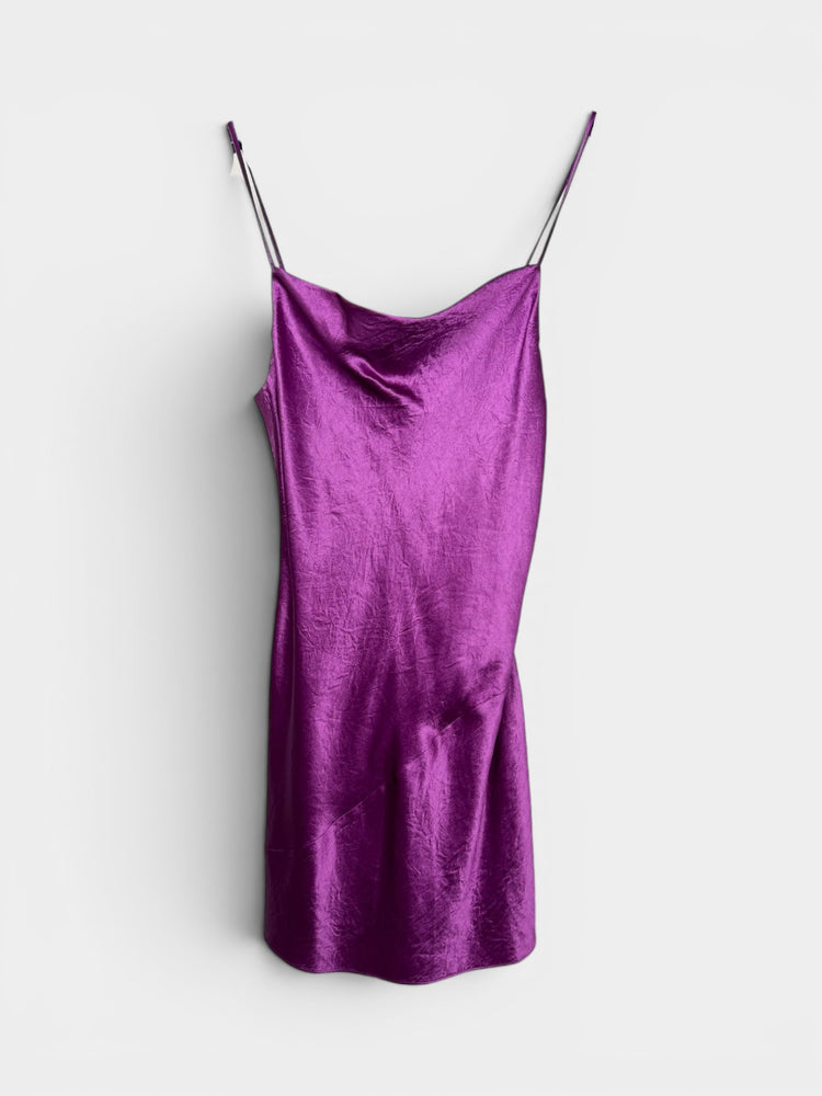 Purple Satin Cowl Neck Slip Mini Dress