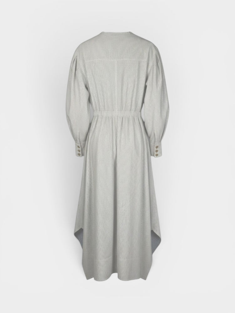 Gray Pinstripe Bishop Sleeve Midi Dress