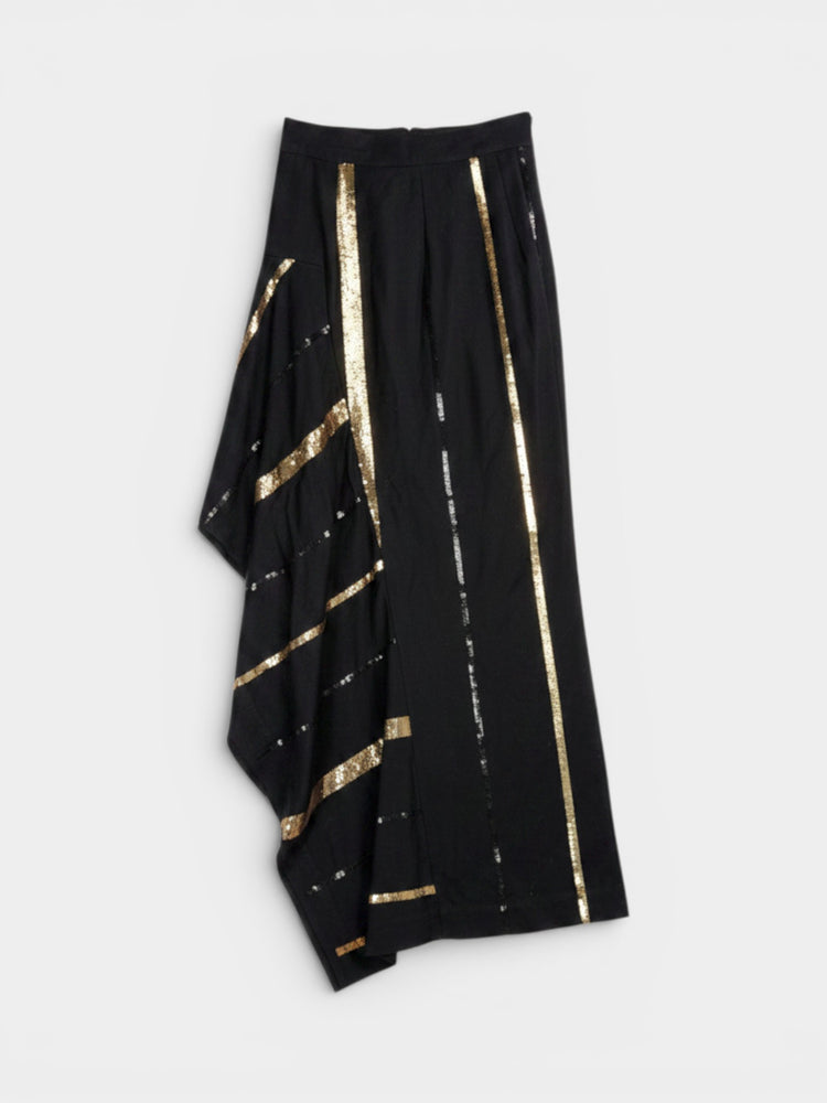 Black & Gold Sequin Stripe Asymmetric Maxi Skirt