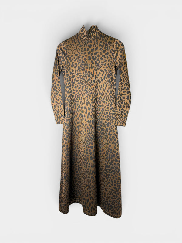 Brown Leopard Print Mock Neck Long Sleeve Maxi Dress