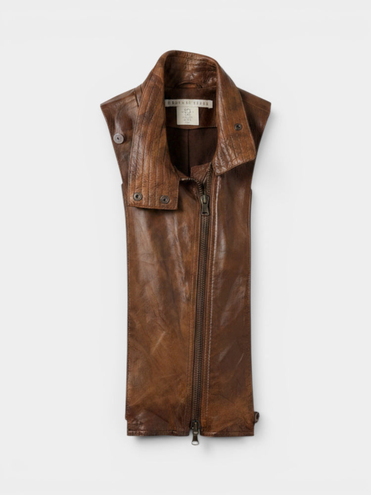 Brown Distressed Leather Sleeveless Moto Vest Insert