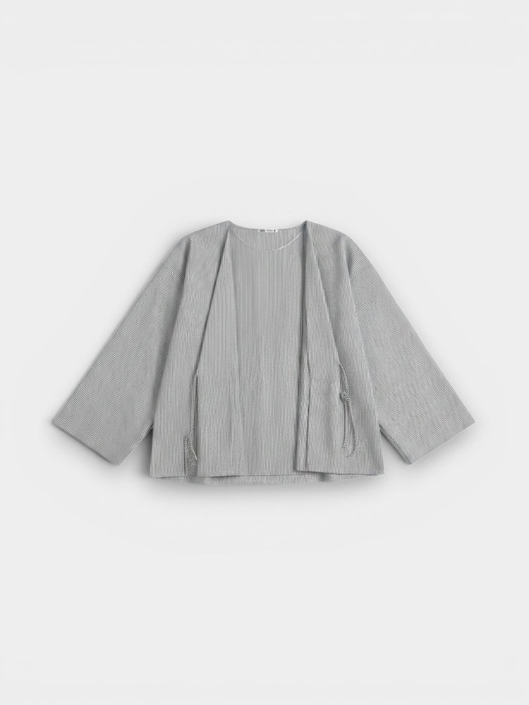 Gray White Pinstripe Wrap Blouse