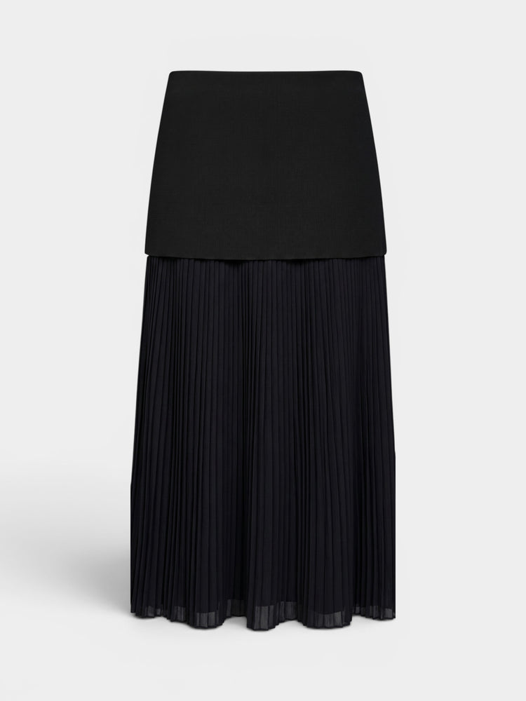 Black Layered Knit Overlay Pleated Maxi Skirt