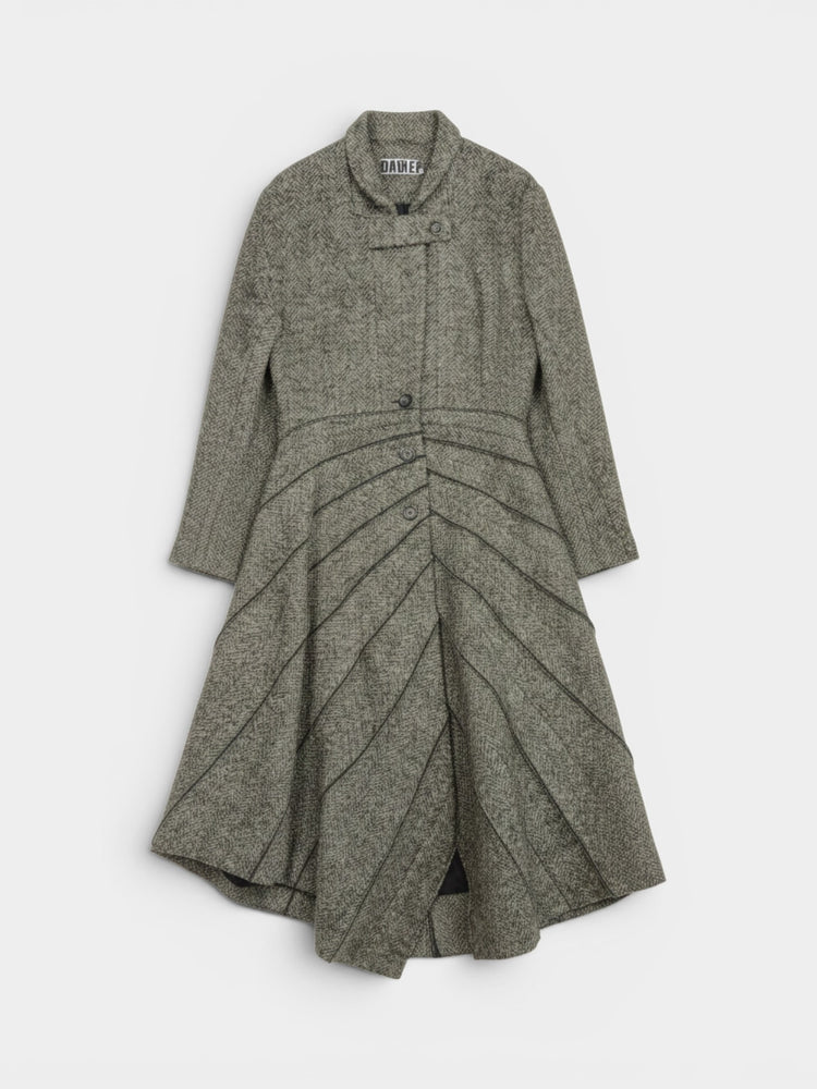 Grey Herringbone Wool-Blend Sculptural Panel Longline Coat