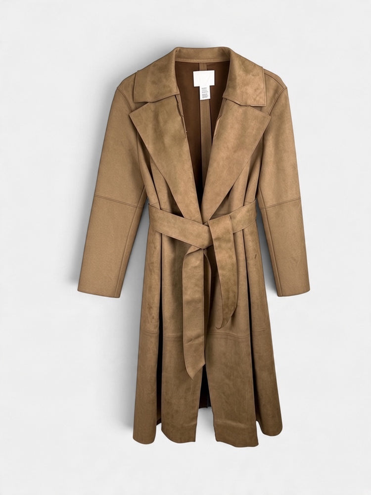 Brown Faux Suede Belted Trench Coat