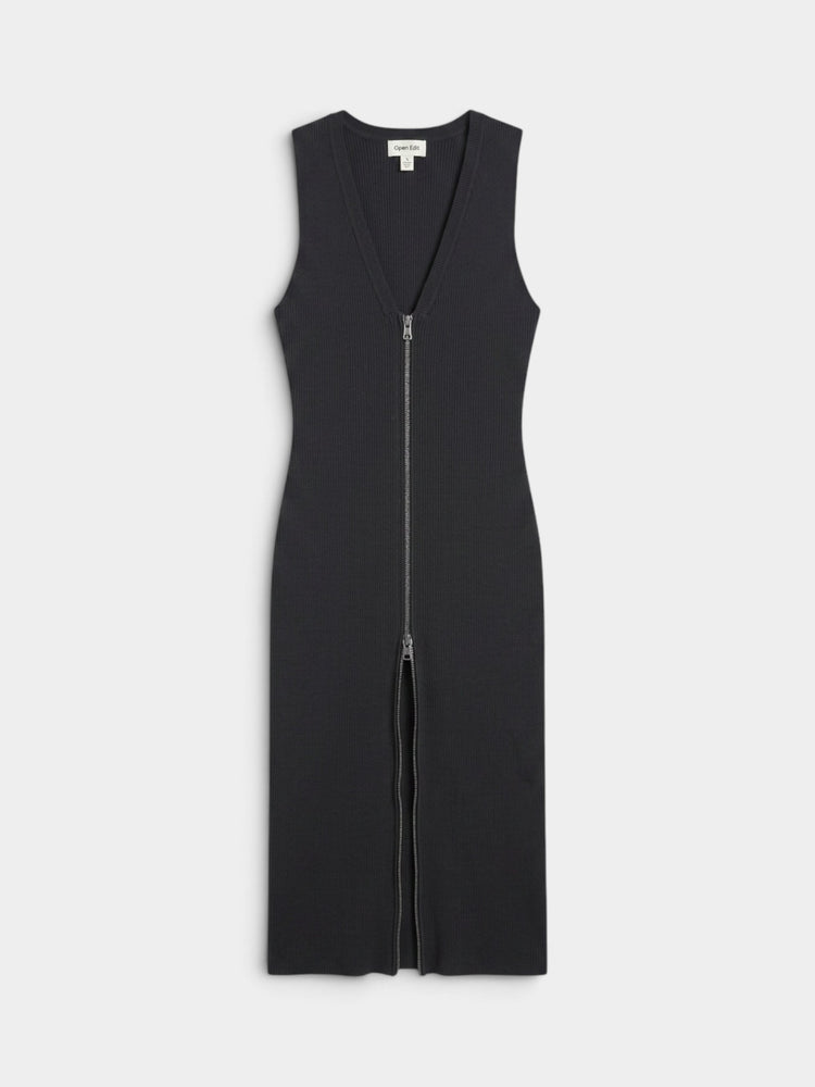 Black Ribbed Knit Zip-Front Sleeveless Midi Dress