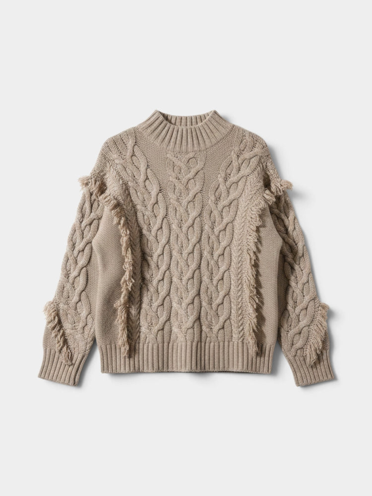 Taupe Cable Knit Fringe Mock Neck Sweater