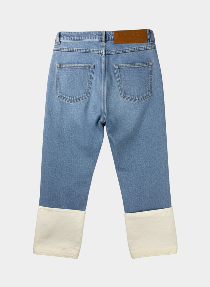 Blue Denim Straight-Leg Jeans with Contrast Canvas Cuffs